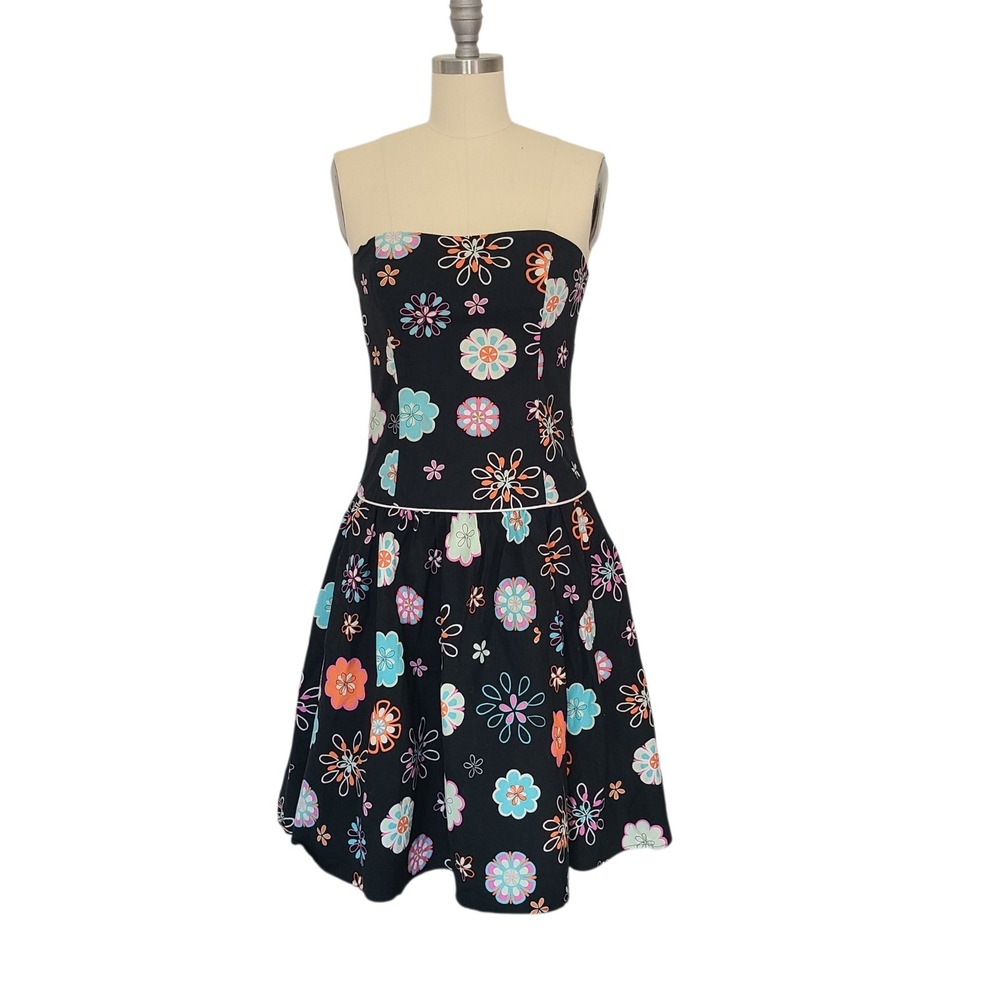 A.B.S. Allen Schwartz‎ Strapless Floral Dress Black Y2K Fit Flare Sz 6 Small USA